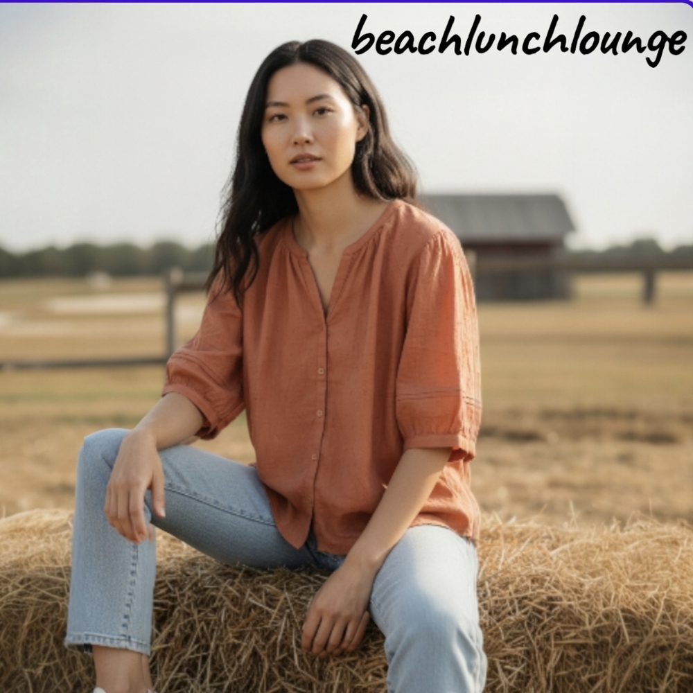 beachlunchlounge Rust Orange Button-Front Peasant Blouse